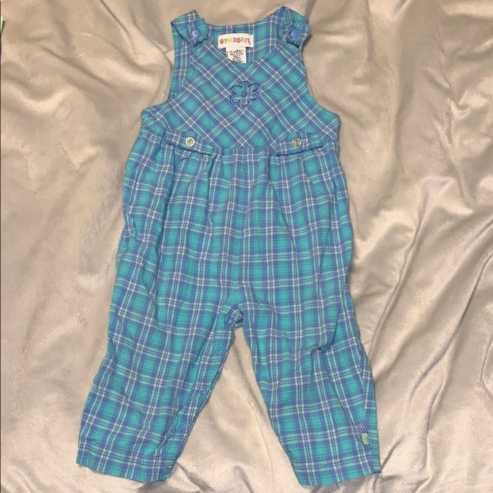 Gymboree vintage girls blue purple plaid overalls snaps embroidered 12 18 mo
